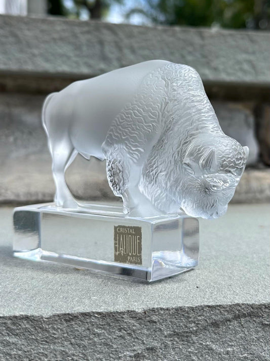1970s Signed LALIQUE Paris France Cristal Frosted Crystal Buffalo Bison Paperweight