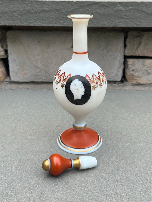 Antique 19th Century Napoleonic Era French Opaline Glass Hand Painted Greco Roman Decanter Bonne Nuit Night Service Bottle with Stopper