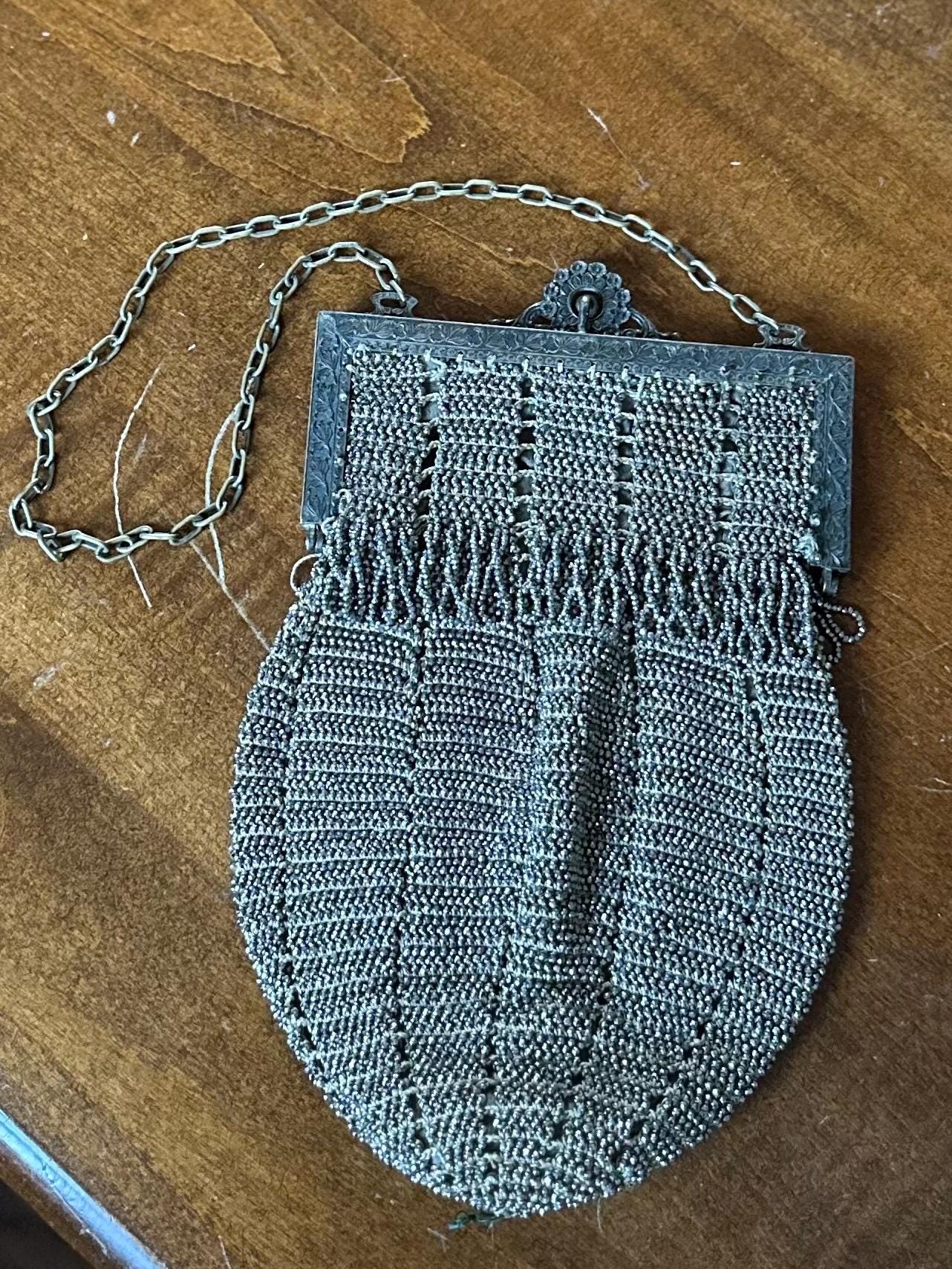 Antique 1920s Art Deco Silver Tone Steel Beaded Purse Evening Bag