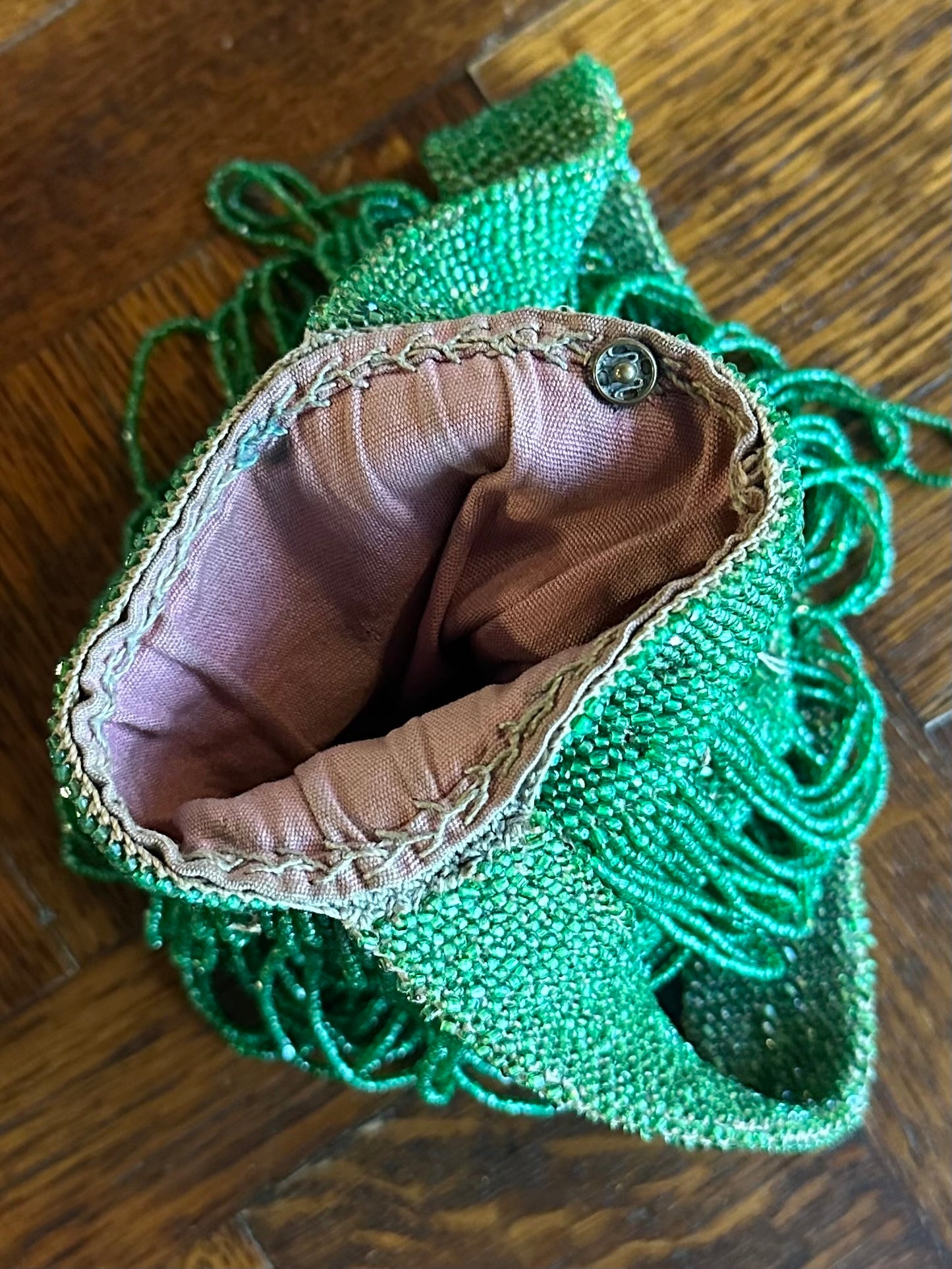 Antique 1920s Art Deco Green Glass Beaded Flapper Purse with Fringe