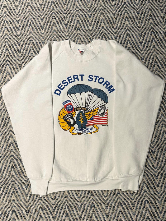 1990s Desert Storm Airborne All the Way USA White Crewneck Sweatshirt