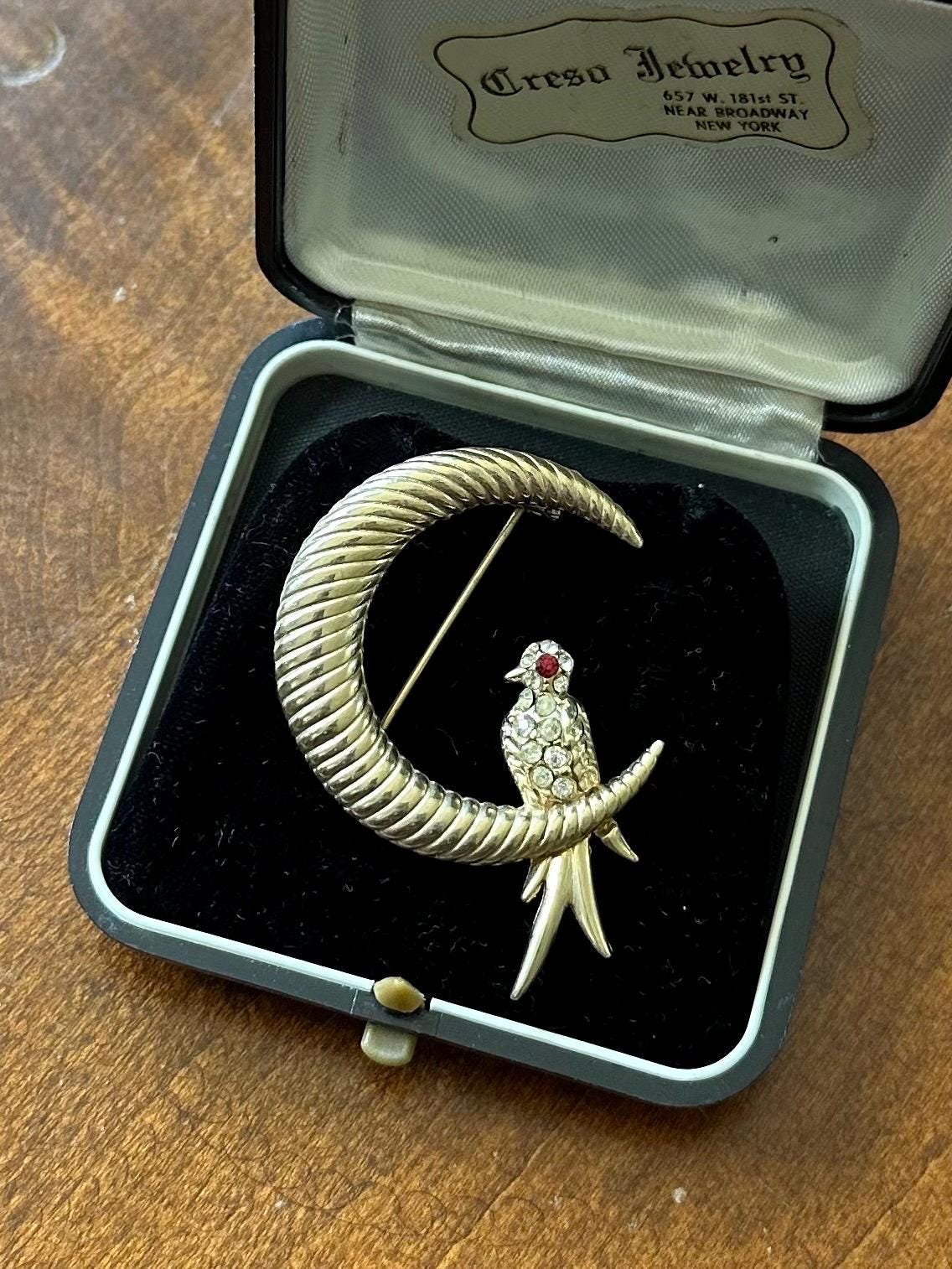 Vintage Unsigned Gold Tone Cresent Moon Clear & Red Rhinestone Jewelled Bird Brooch | Attributed to Joseph Mazer JOMAZ
