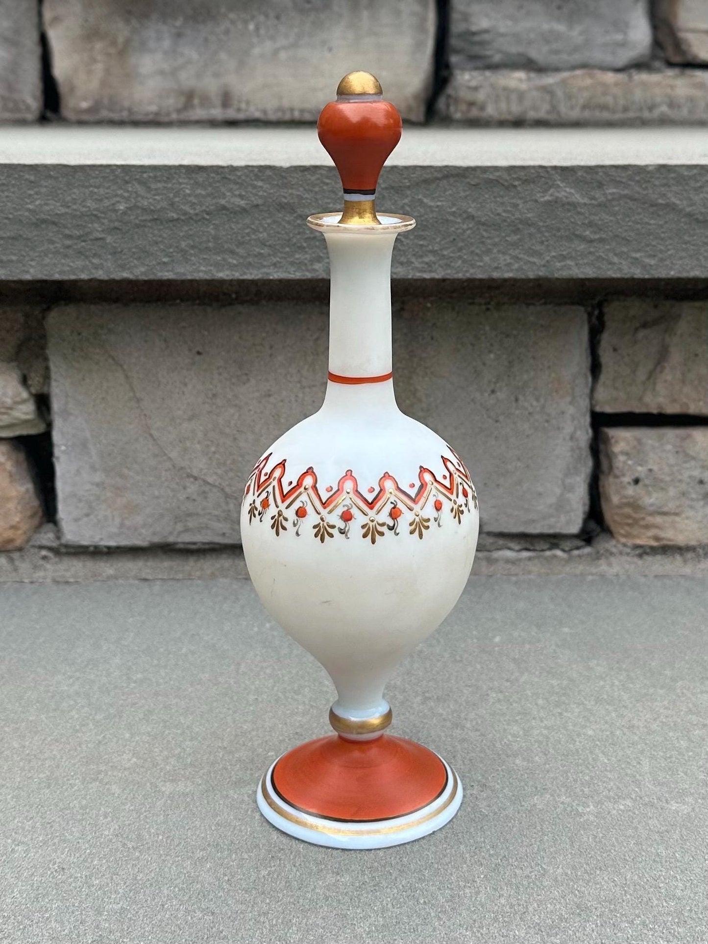 Antique 19th Century Napoleonic Era French Opaline Glass Hand Painted Greco Roman Decanter Bonne Nuit Night Service Bottle with Stopper