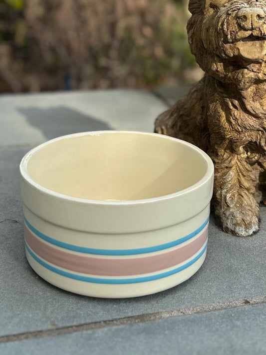 1970s McCoy USA 0143 Pottery Lancaster Colony Corporation LCC Pink & Blue Stripe Oven-Safe Soufflé Bowl or Pet Dog Bowl Dish