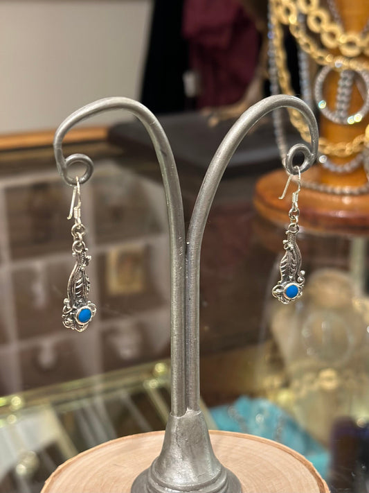 Vintage 925 Marked Sterling Silver Southwestern Style Turquoise Feather Leaf Scroll Dangle Earrings