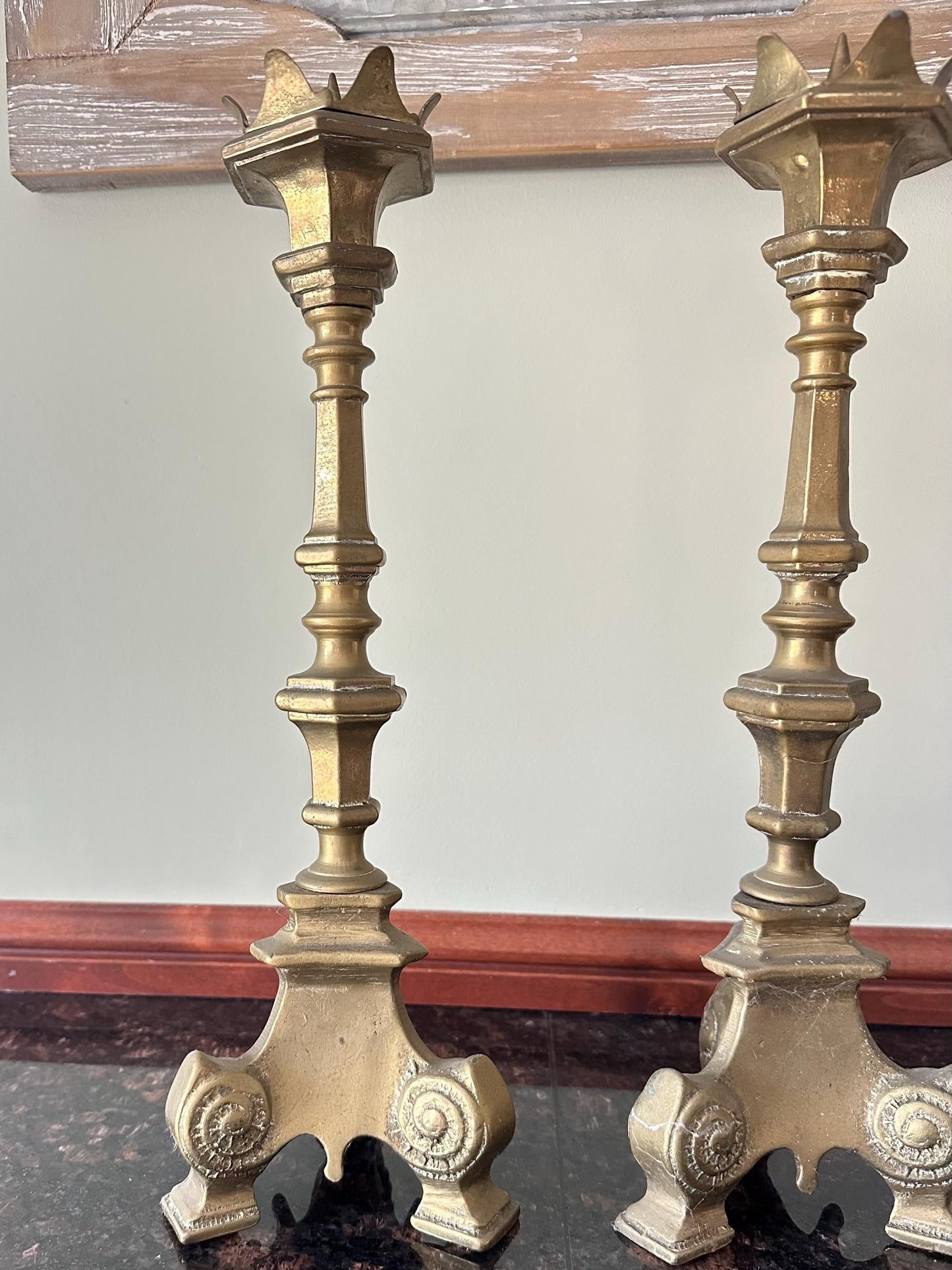 Pair of 1950s French Gothic Style Solid Brass Large Taper Candleholders Prickets