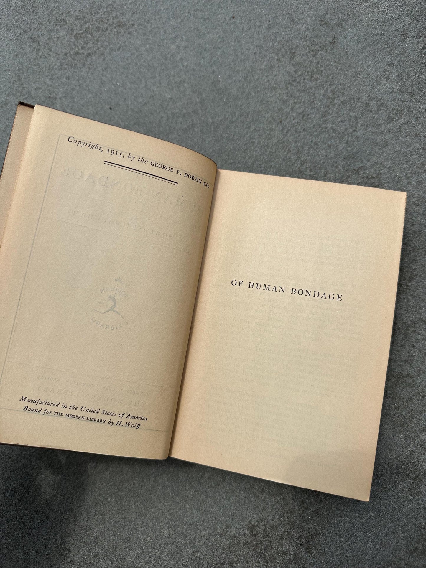 Antique 1915 Of Human Bondage Hardcover Book by W. Somerset Maugham The Modern Library