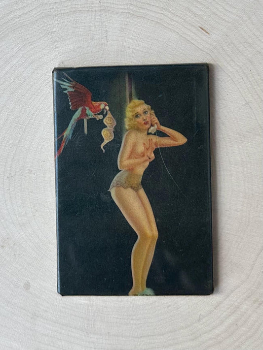 Art Deco 1930s 1940s Risque Blonde Nude Pin-Up Parrot Rectangle Pocket Mirror