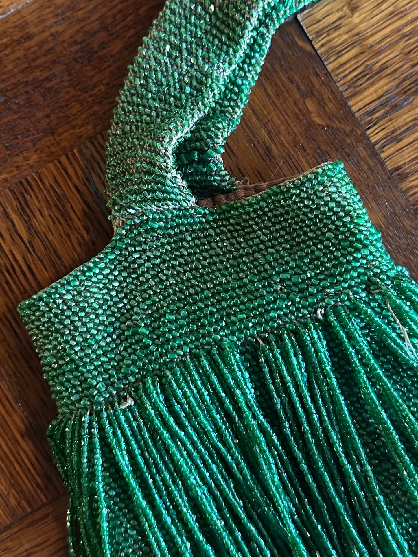 Antique 1920s Art Deco Green Glass Beaded Flapper Purse with Fringe
