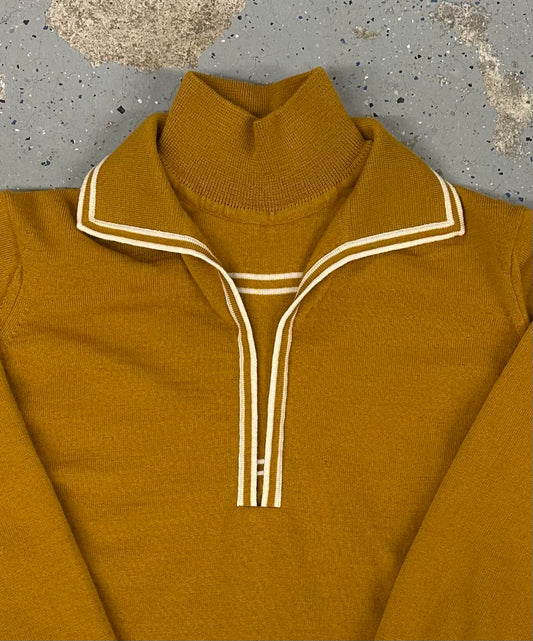 1960s 1970s Mustard Yellow White Stripe Mock Neck Collared Long Sleeve Sweater