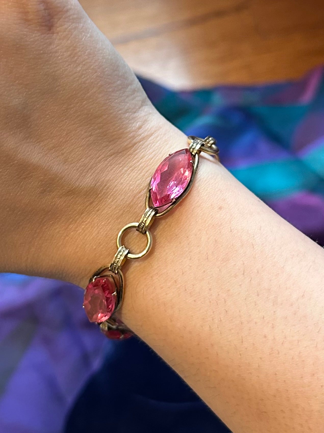 Art Deco 1930s 1940s 12k 1/20 Gold Filled & Pink Faceted Glass Marquise Rhinestone Bracelet