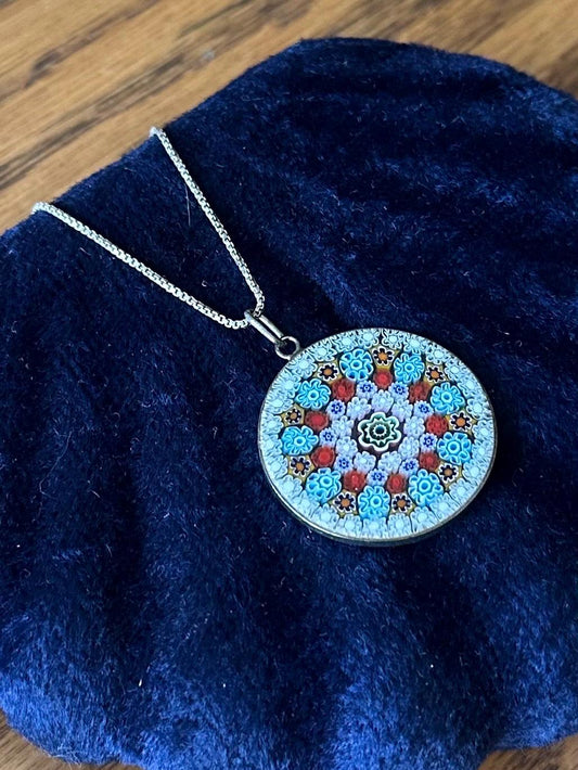 Vintage Italian 800 Silver Handcrafted Murano Millefiori Glass Round Pendant on Sterling Silver Box Chain Necklace