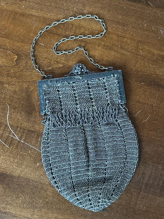 Antique 1920s Art Deco Silver Tone Steel Beaded Purse Evening Bag