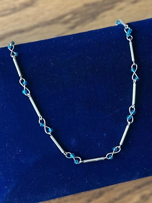 Vintage Sterling Silver Bar Infinity Twist & Turquoise Blue Color Bead Necklace 15.6" Y2K