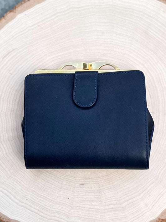 1960s LOEWE Spain Navy Blue & Gold Tone Leather Wallet Coin Purse Lodis Corporation