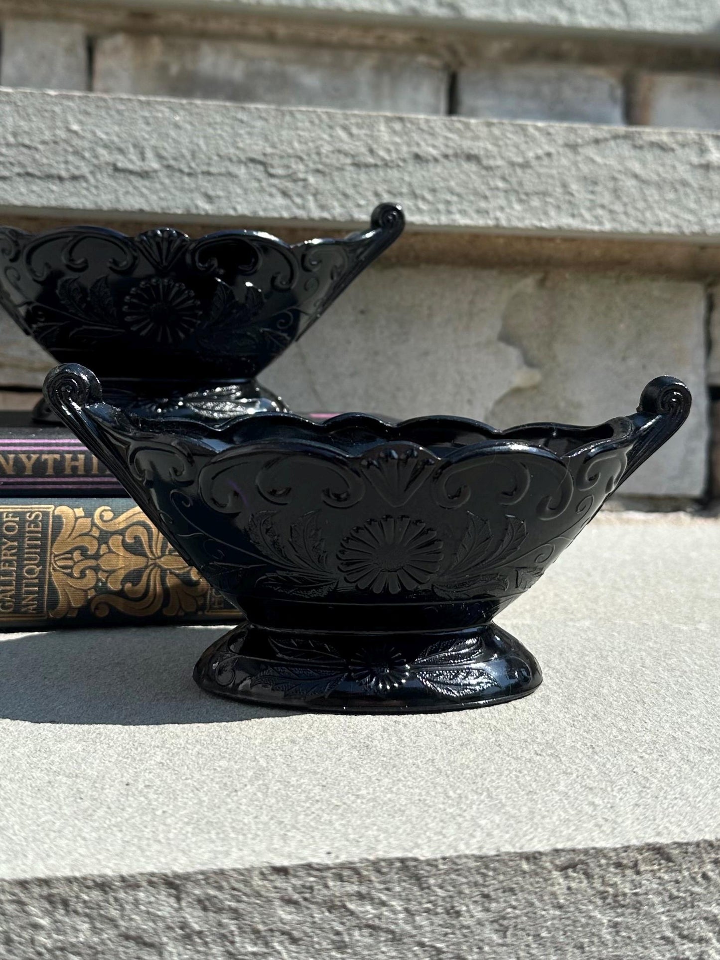 1930s Art Deco McKee Autumn Pattern Black Amethyst Glass Oval Footed Bowl Compote | 1 Piece