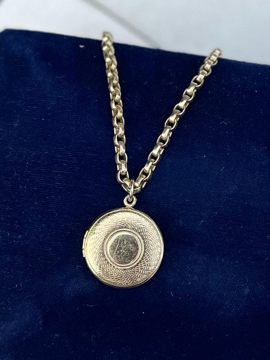 Vintage Midcentury Germany Brass Rolo Chain Circle Locket Pendant Necklace