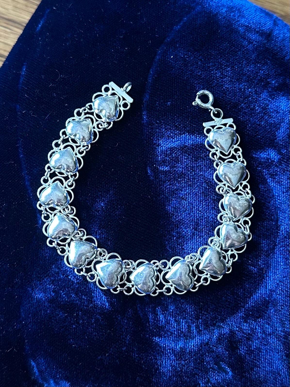 Vintage 925 Sterling Silver Puffy Hearts Open Link Bracelet 7.25"
