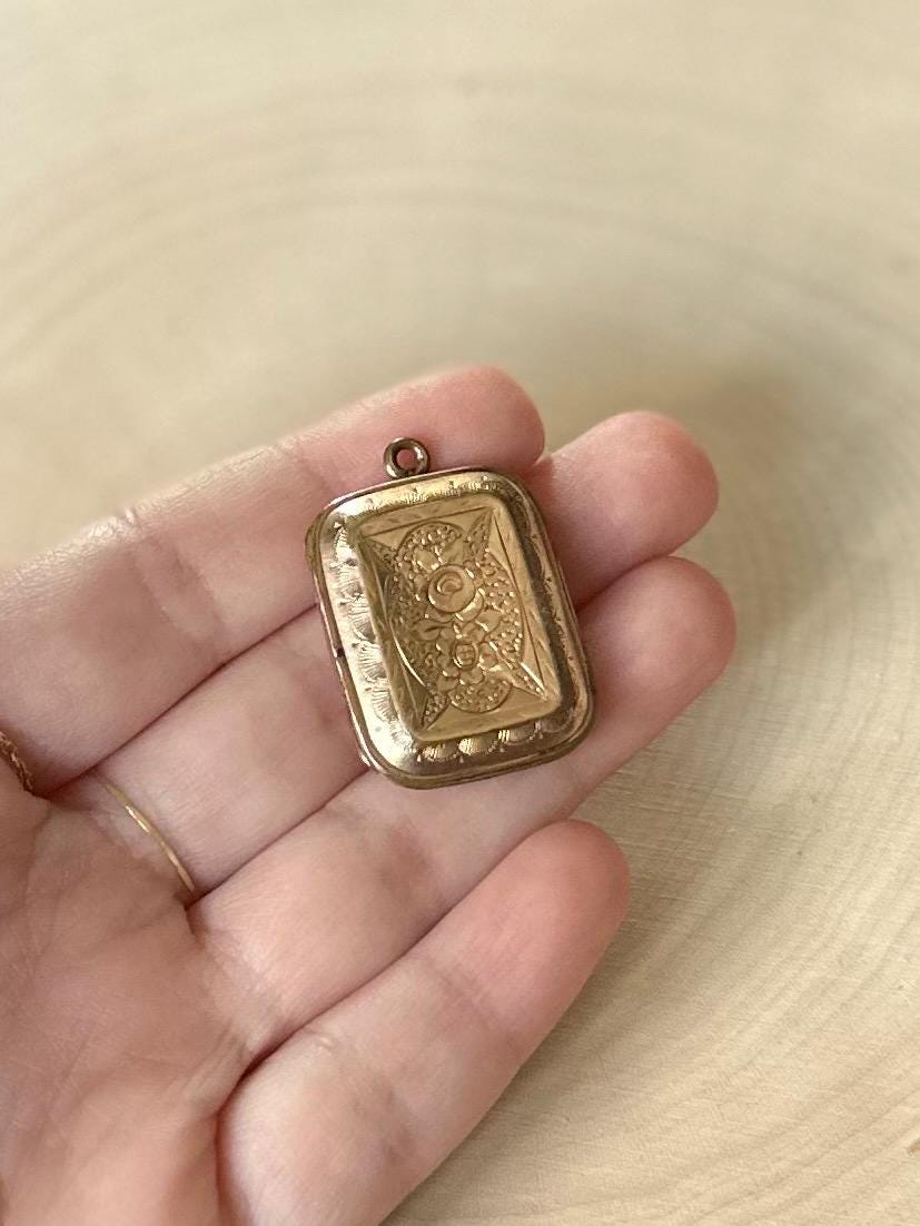 Antique 19th Century Victorian Gold Filled Hand Engraved Rectangular Locket 2 Tin Type Photos Husband & Wife Mourning