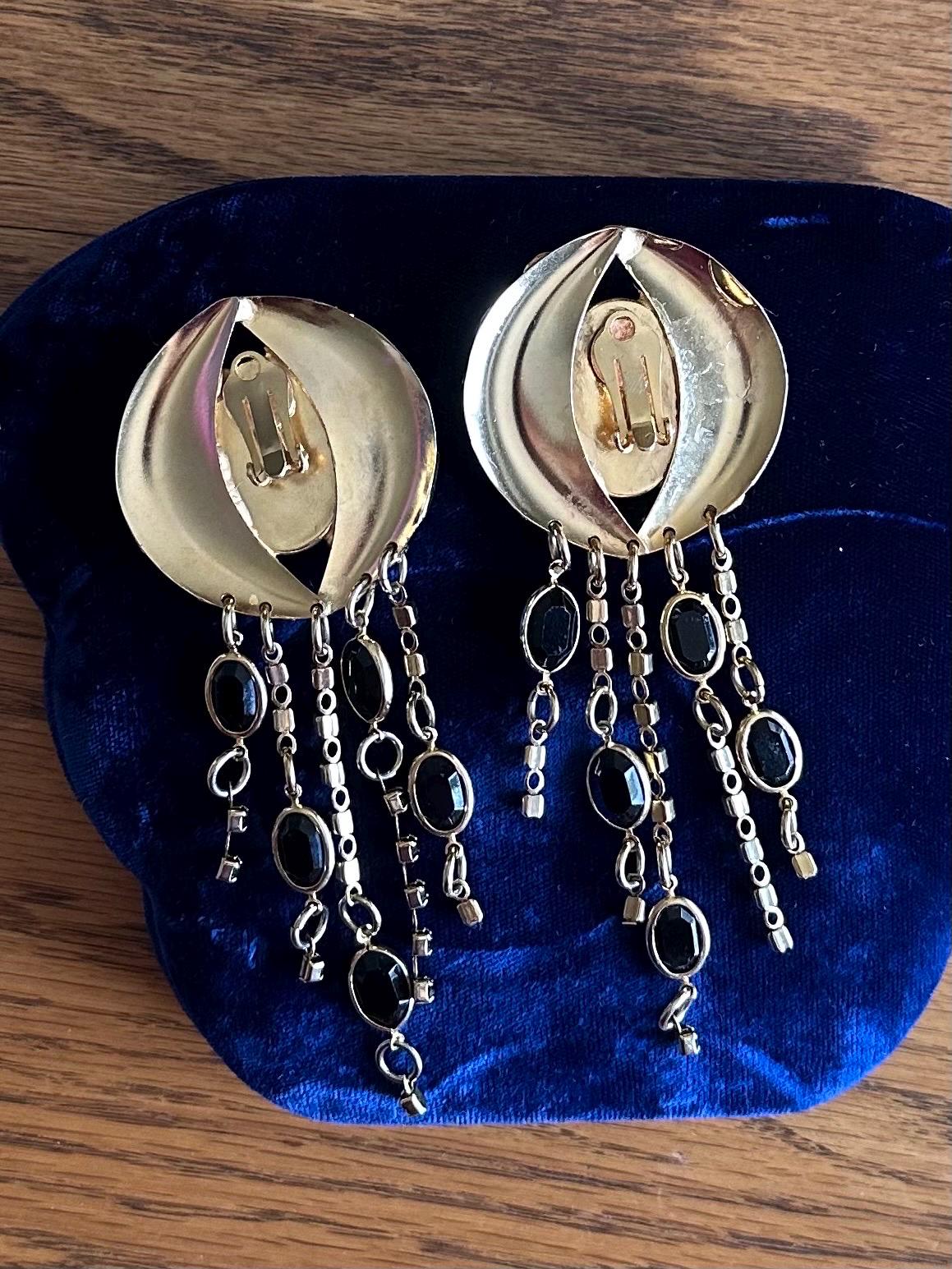 1980s 1990s Signed SORRELLI Gold Tone & Black Rhinestone and Crystal Chandelier Statement Clip-on Earrings Runway