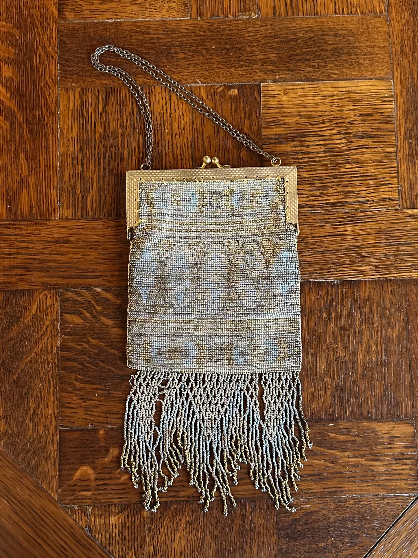 Antique 1900s Edwardian French Steel Micro Beaded Evening Purse with Fringe