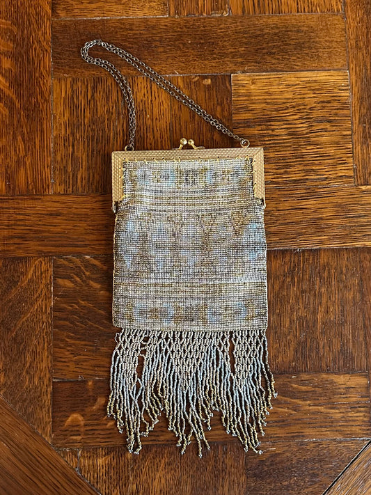 Antique 1900s Edwardian French Steel Micro Beaded Evening Purse with Fringe