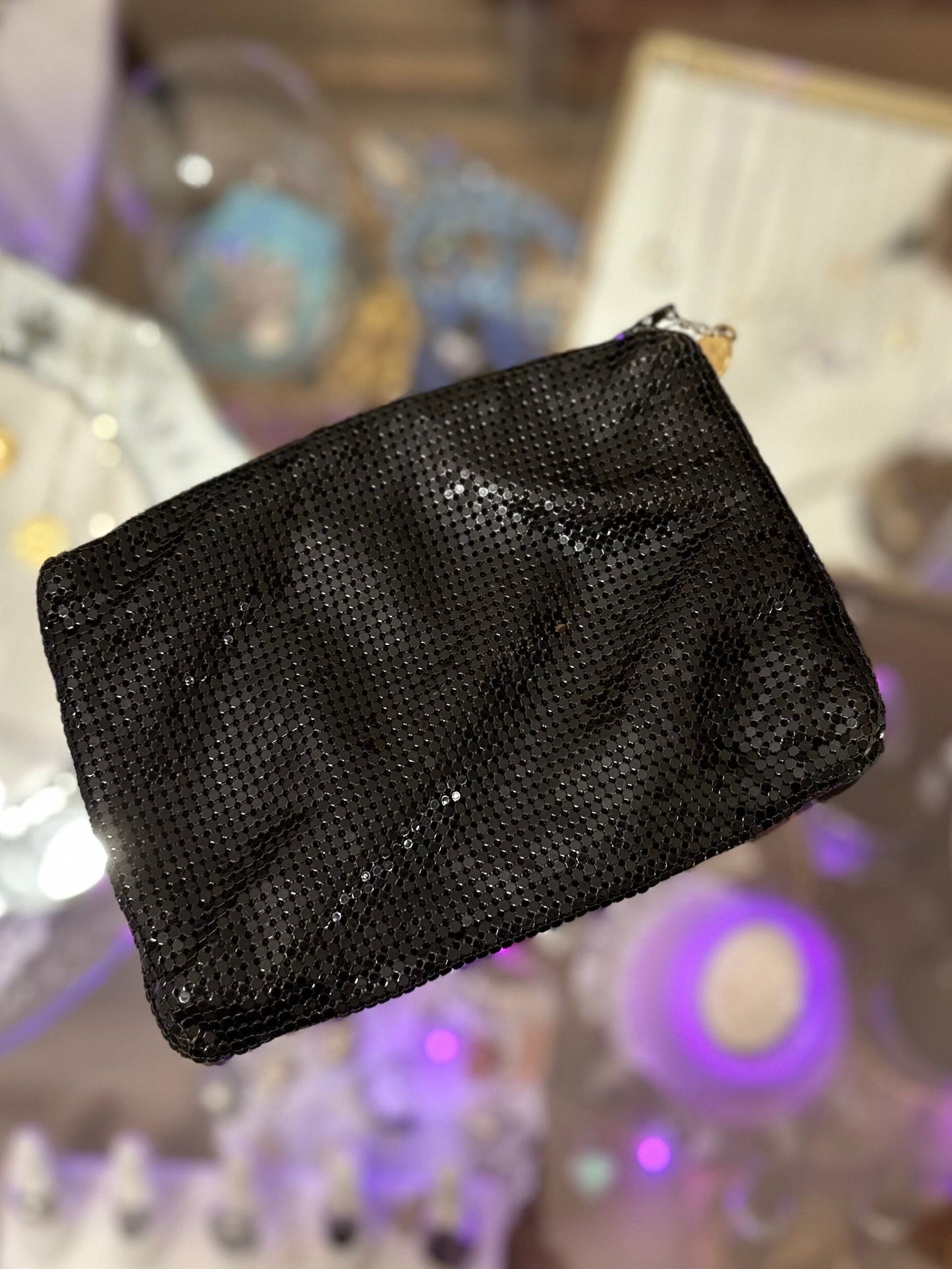 1970s Whiting & Davis Black Metal Mesh Zippered Clutch or Pouch