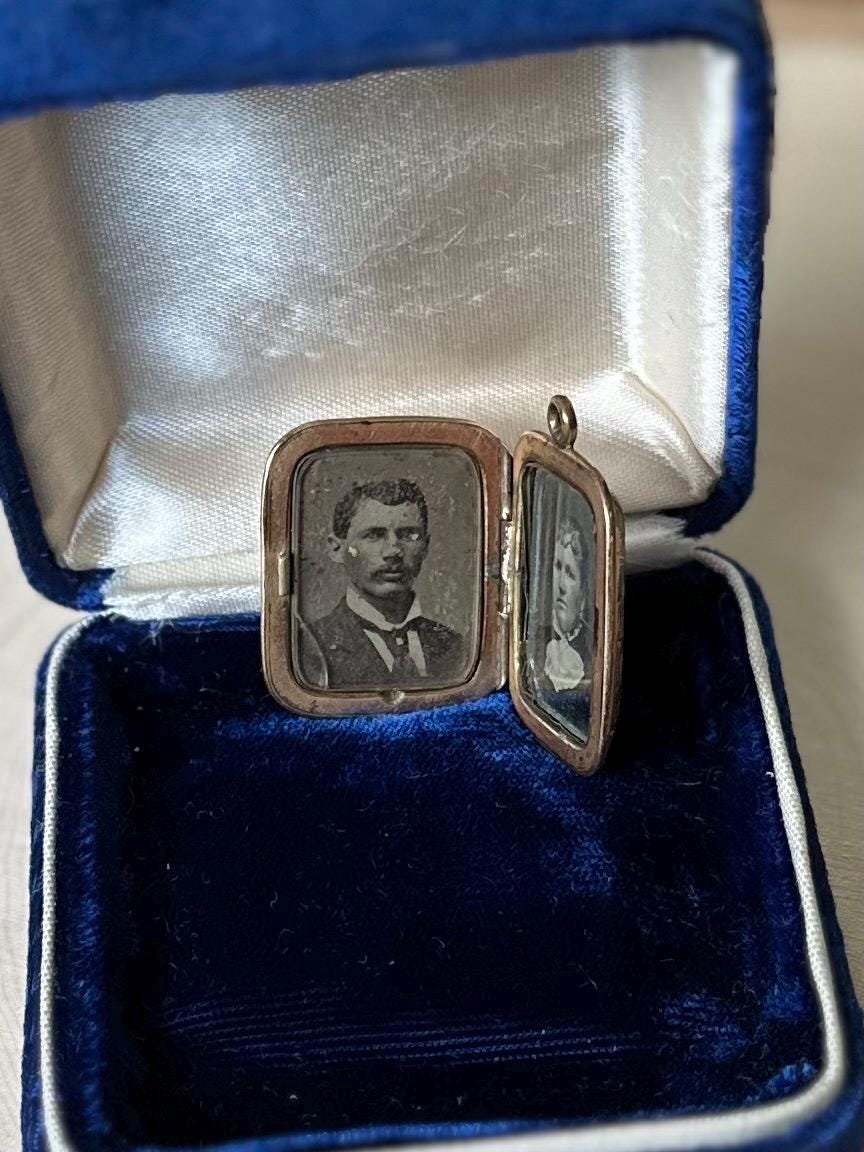 Antique 19th Century Victorian Gold Filled Hand Engraved Rectangular Locket 2 Tin Type Photos Husband & Wife Mourning