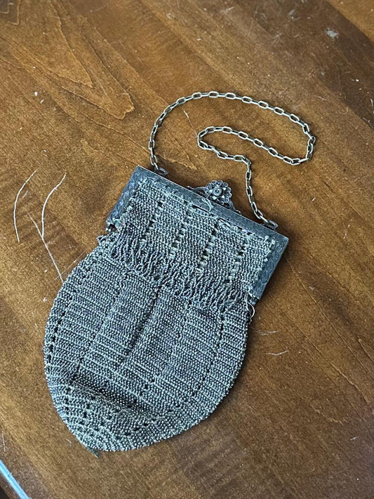 Antique 1920s Art Deco Silver Tone Steel Beaded Purse Evening Bag