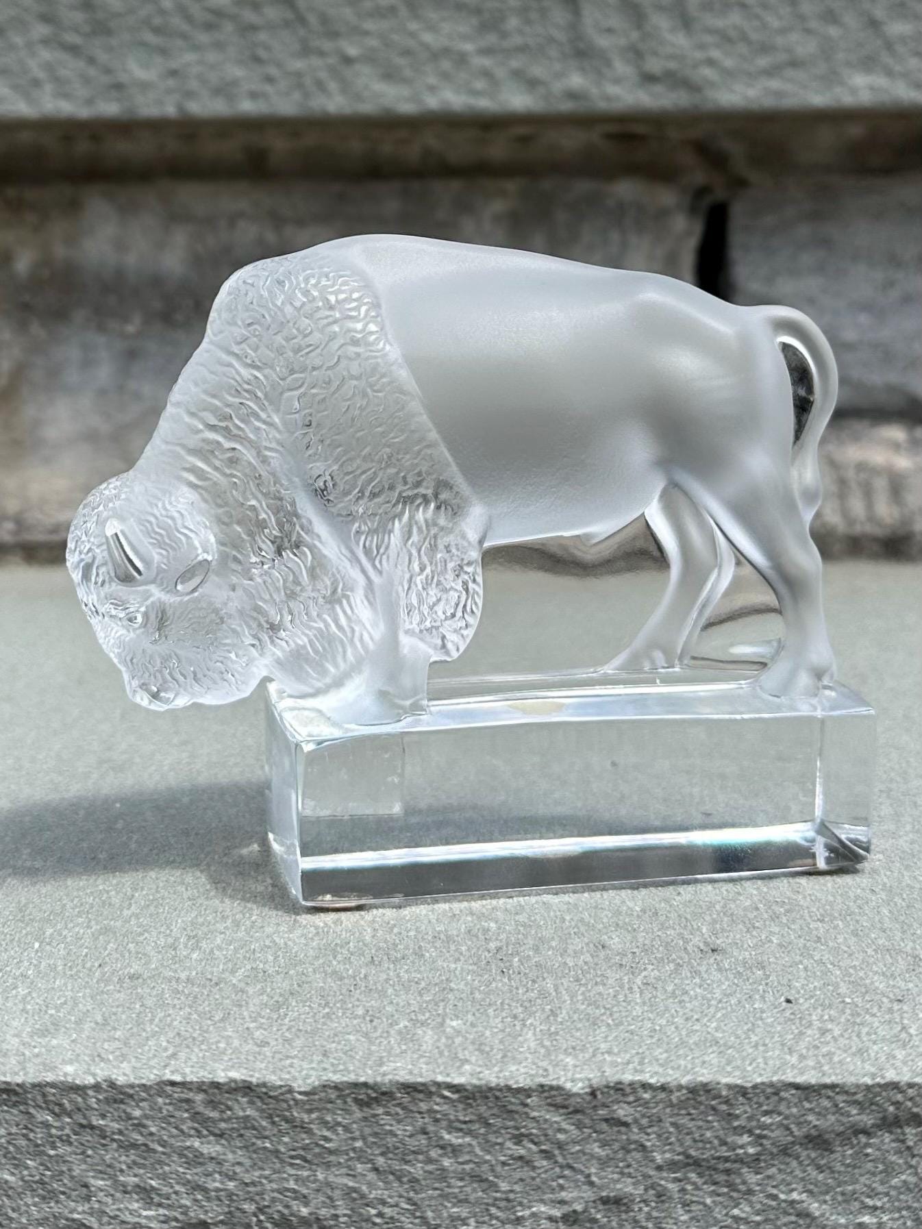 1970s Signed LALIQUE Paris France Cristal Frosted Crystal Buffalo Bison Paperweight