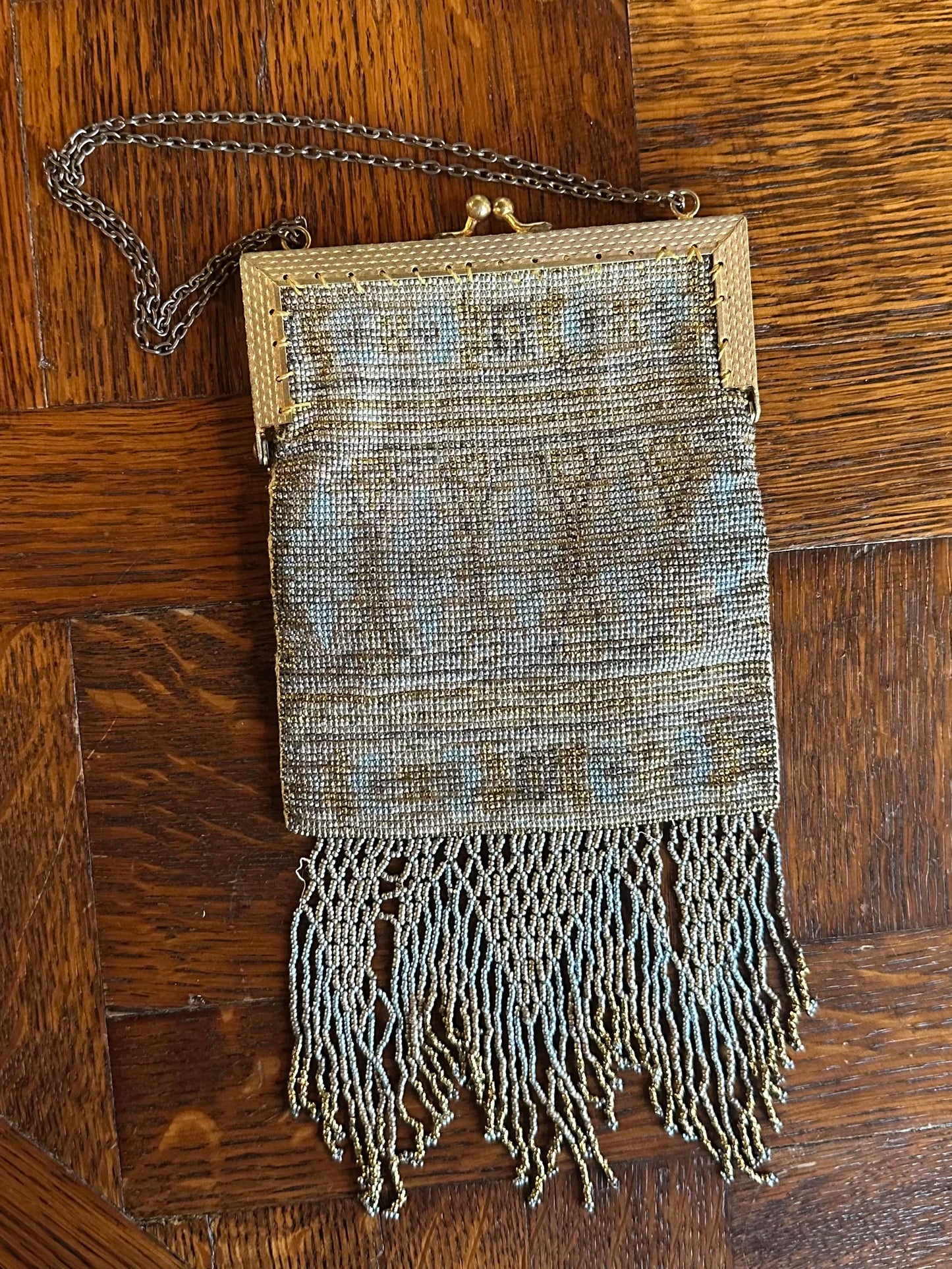Antique 1900s Edwardian French Steel Micro Beaded Evening Purse with Fringe