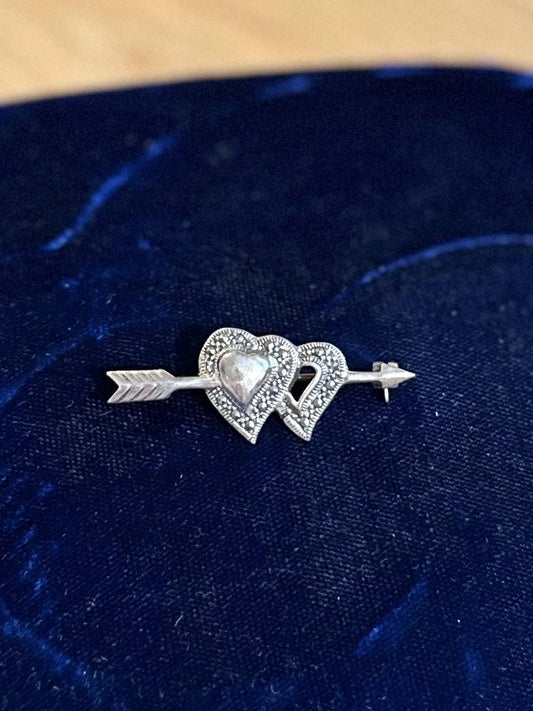 Vintage Sterling Silver & Marcasite Hearts and Arrow Brooch Pin