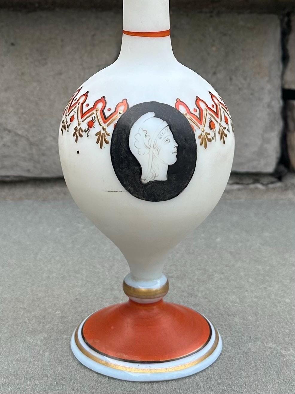 Antique 19th Century Napoleonic Era French Opaline Glass Hand Painted Greco Roman Decanter Bonne Nuit Night Service Bottle with Stopper