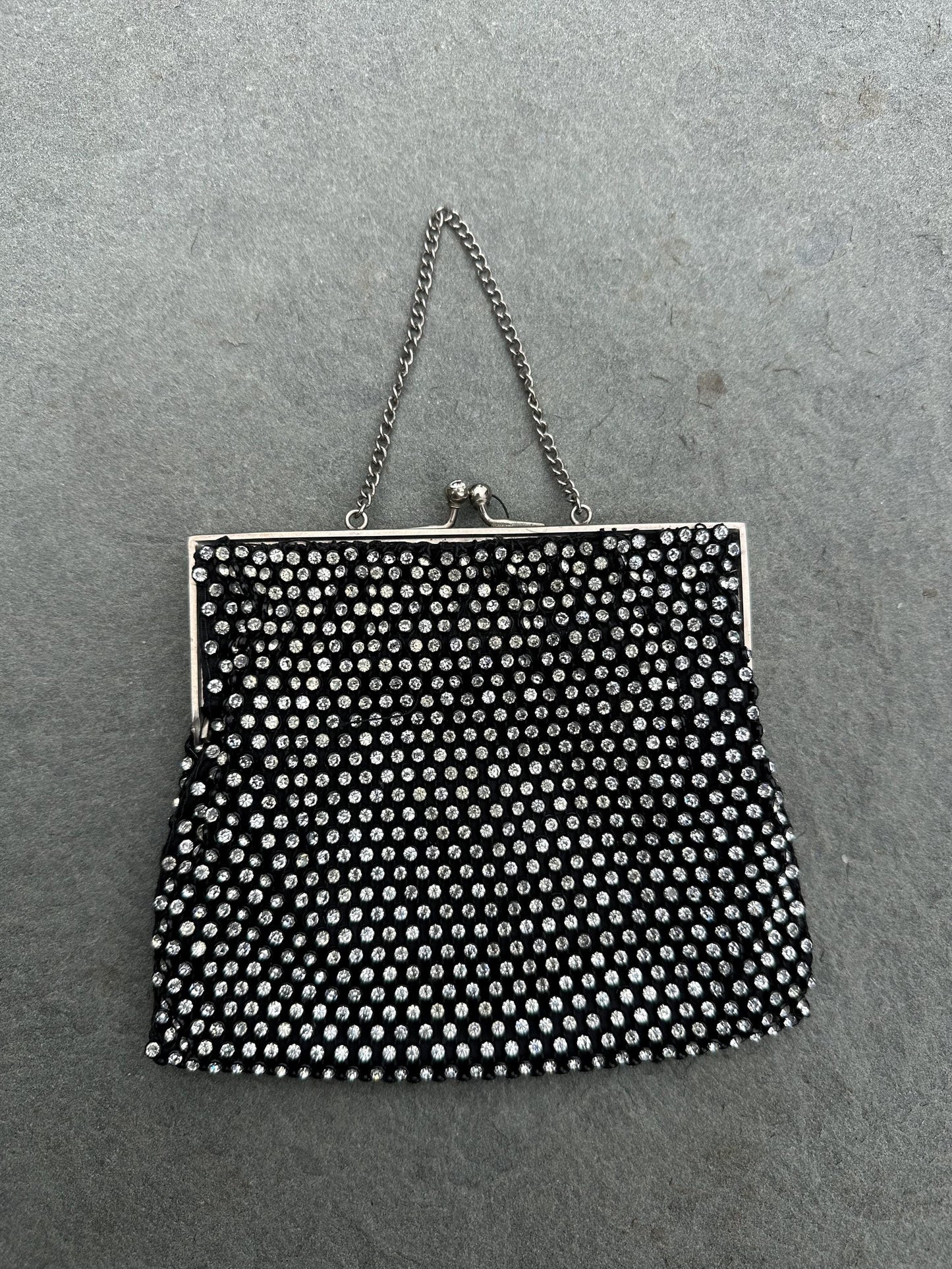 1930s 1940s Art Deco Rhinestone Jewelled Black Evening Bag