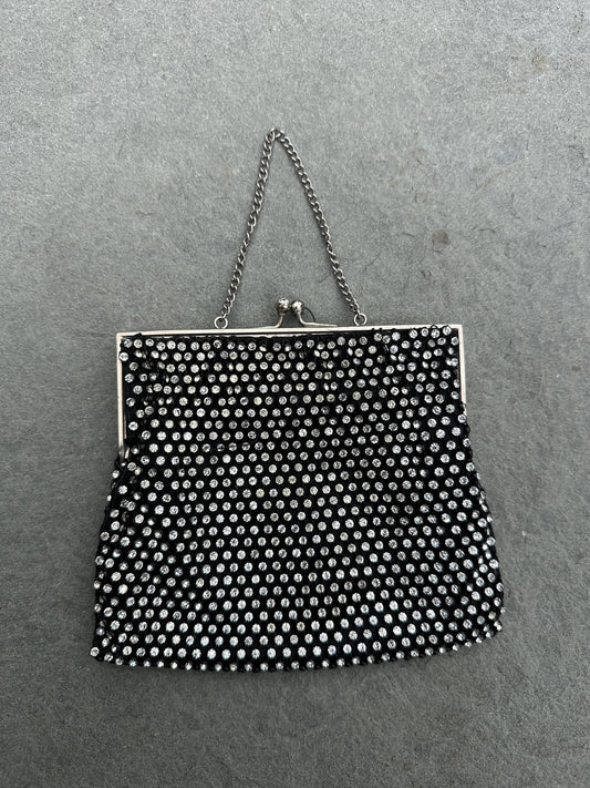 1930s 1940s Art Deco Rhinestone Jewelled Black Evening Bag