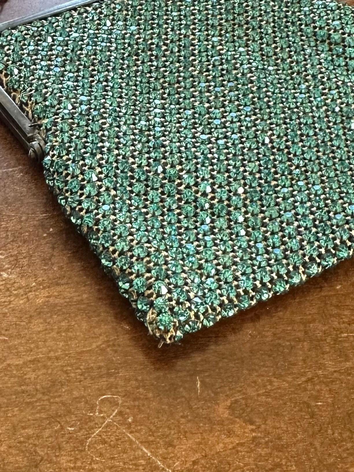 Antique Art Deco 1920s 1930s Czech Turquoise Faceted Rhinestone Chain Handle Purse Evening Bag