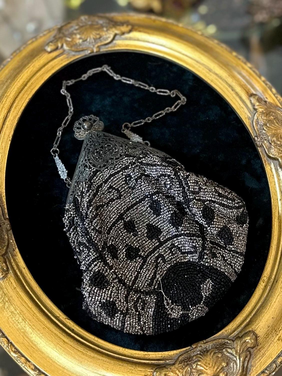 Antique Circa 1910s Edwardian Silver Steel & Black Glass Micro Beaded Evening Bag with Compact Mirror