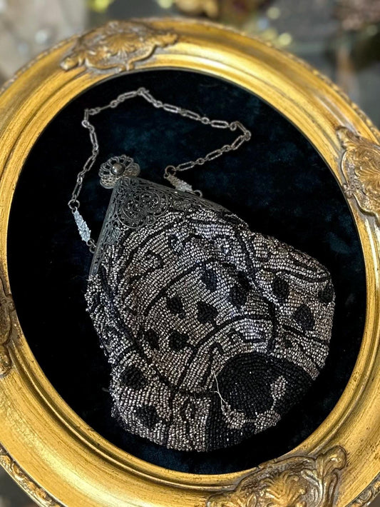 Antique Circa 1910s Edwardian Silver Steel & Black Glass Micro Beaded Evening Bag with Compact Mirror