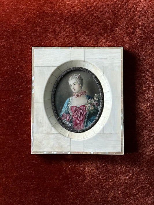Antique 19th Century Hand Painted French Portrait of a Lady Mother of Pearl Frame