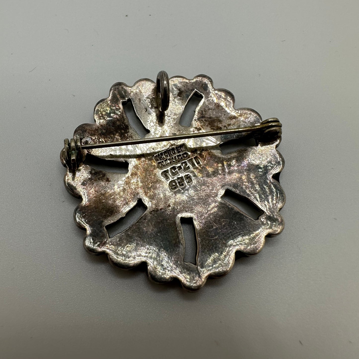 Vintage Signed Sterling Silver Taxco Mexico Genuine Turquoise Inlay Aztec Calendar Pin Brooch