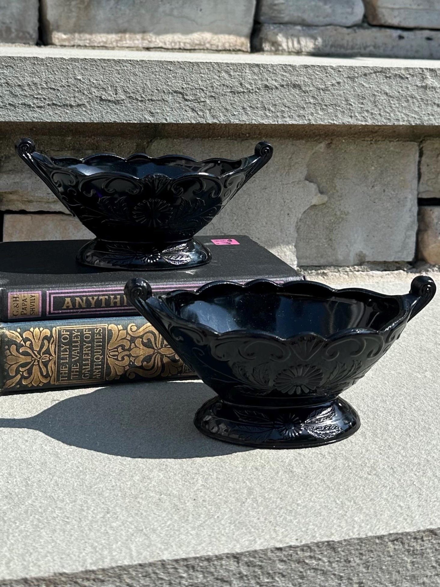 1930s Art Deco McKee Autumn Pattern Black Amethyst Glass Oval Footed Bowl Compote | 1 Piece