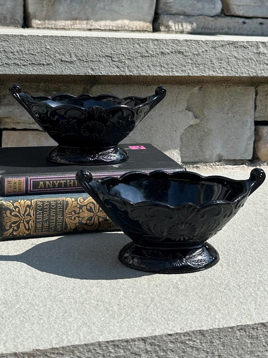 1930s Art Deco McKee Autumn Pattern Black Amethyst Glass Oval Footed Bowl Compote | 1 Piece