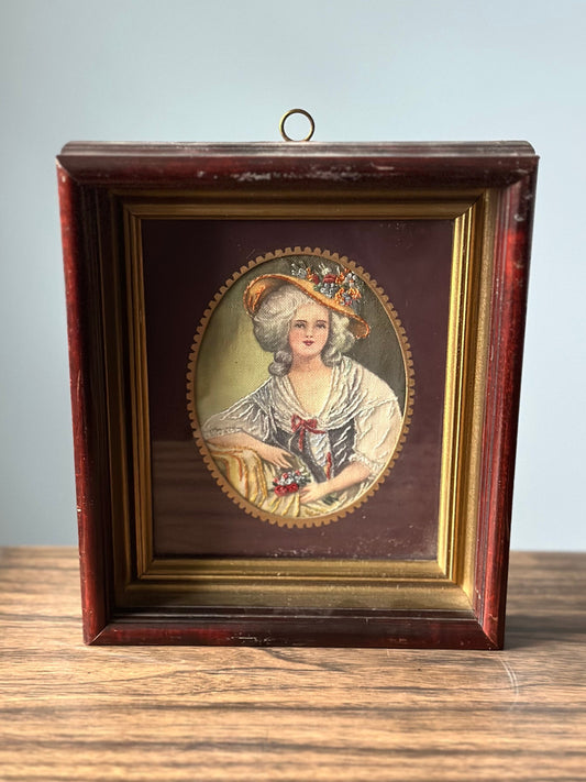 1940s Wood Framed Needle Painting Embroidered Fabric Print Portrait of Elizabeth of France, Dated 1946