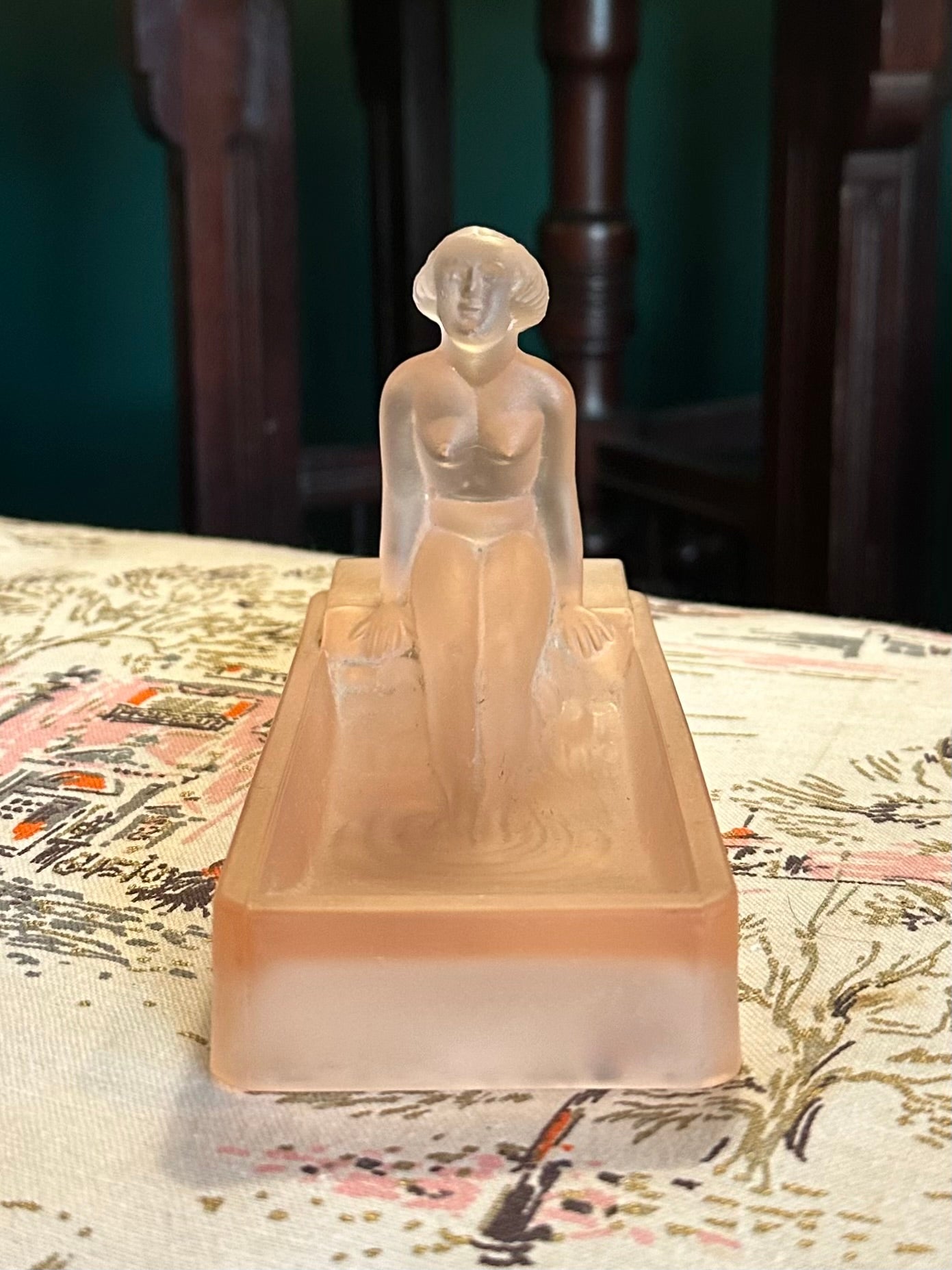 1981 Art Deco Nude Lady Bathing Pink Frosted Glass Soap Dish or Trinket Tray