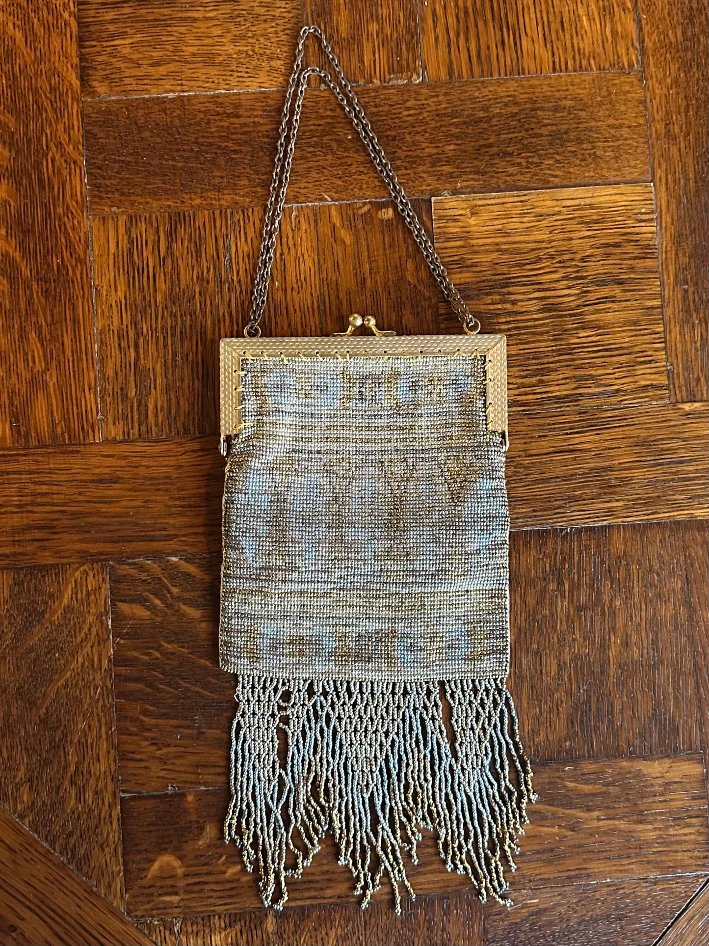 Antique 1900s Edwardian French Steel Micro Beaded Evening Purse with Fringe