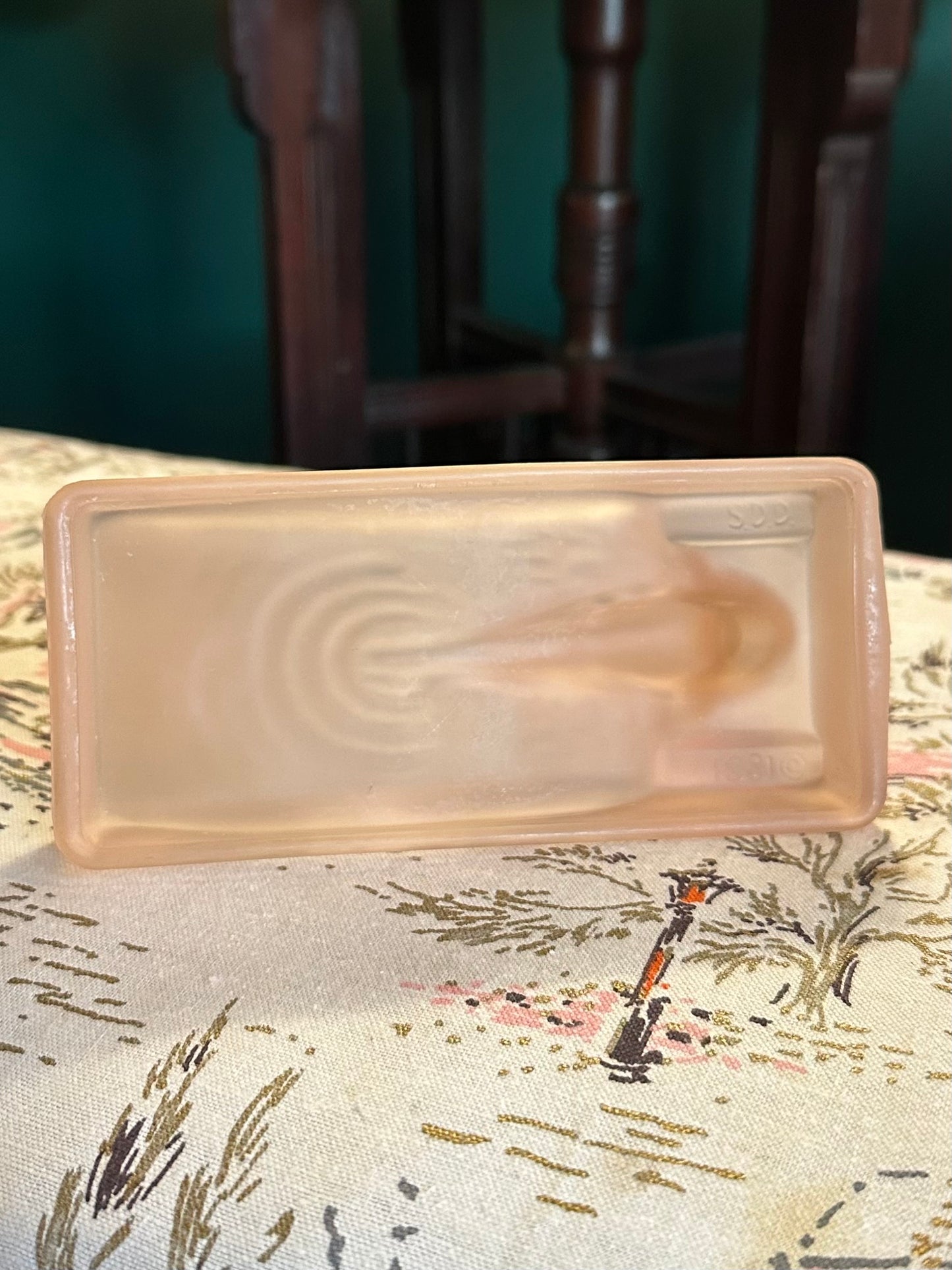 1981 Art Deco Nude Lady Bathing Pink Frosted Glass Soap Dish or Trinket Tray
