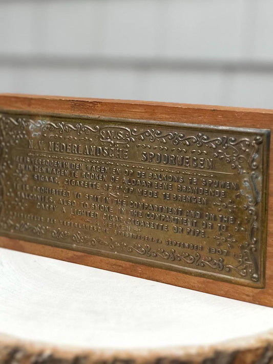 1970s Repro 1907 Dutch Railways Nederlandsche Spoorwegen Wood Plaque No Spitting No Smoking Memorabilia