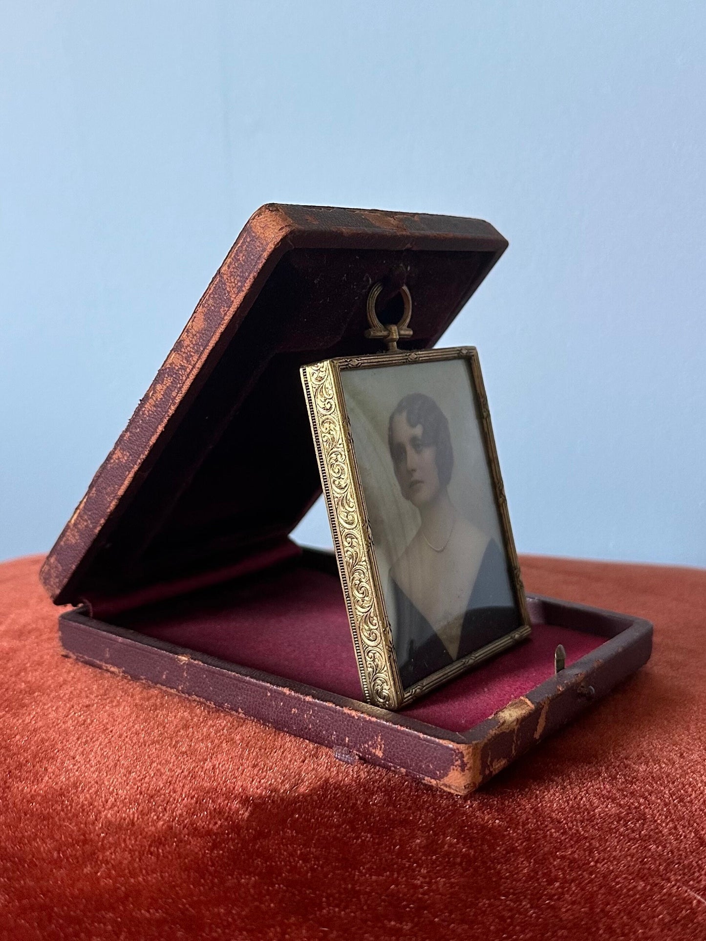 1930s Art Deco Framed Signed Hand Painted Portrait on Glass in Leather Wrapped & Velvet Case
