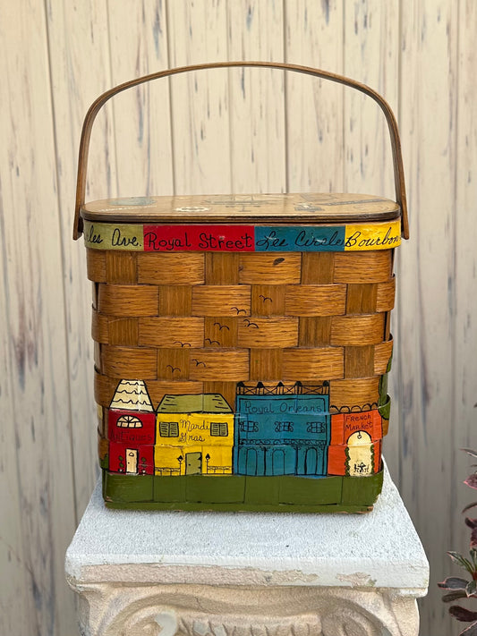 1960s New Orleans Hand Painted & Signed Katydid Wooden Picnic Basket Purse Specially for Godchaux