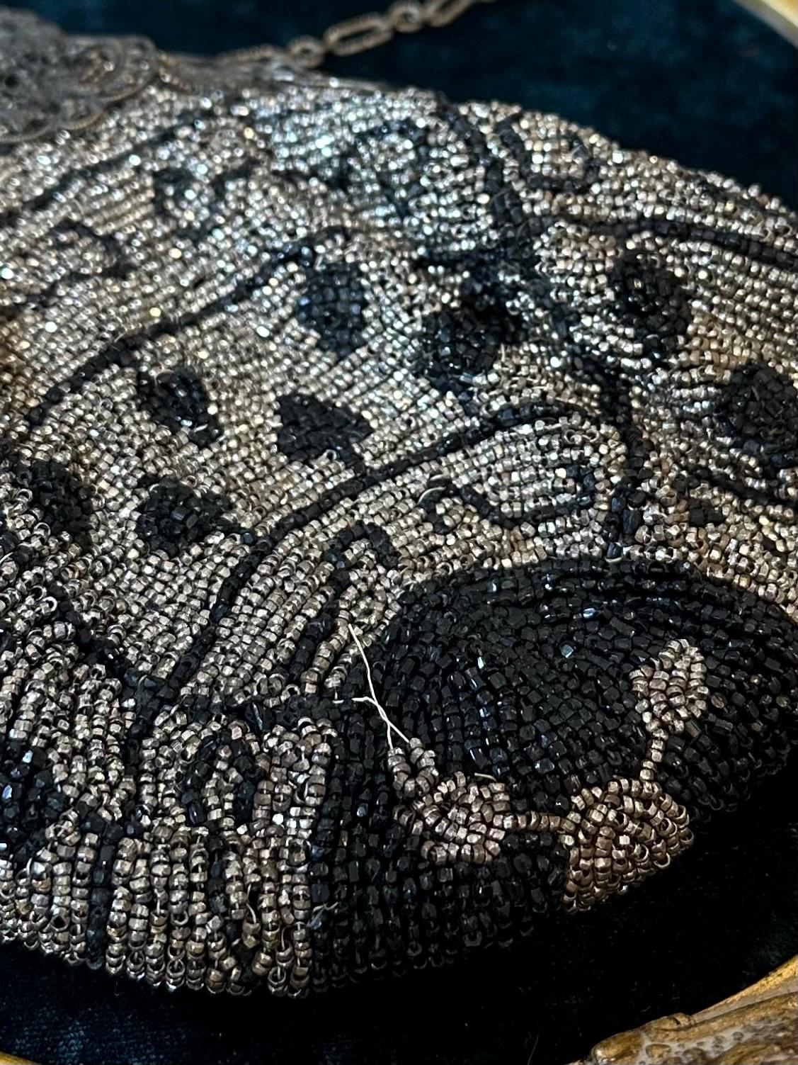 Antique Circa 1910s Edwardian Silver Steel & Black Glass Micro Beaded Evening Bag with Compact Mirror